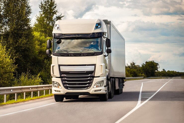 Witte vrachtwagen die in de zomer over een weg rijdt