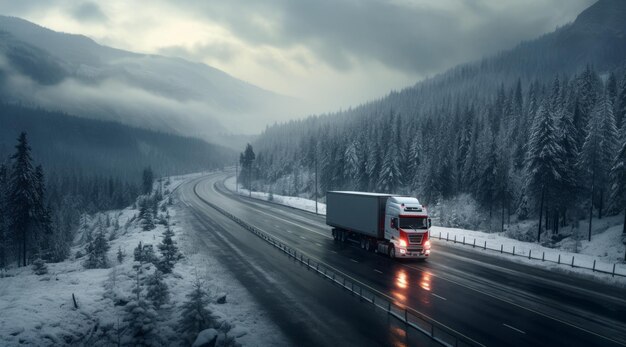 Foto witte vrachtwagen midden in het rokerige nachtbos.