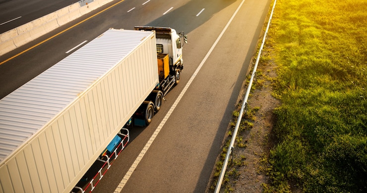 Foto witte vrachtwagen op snelweg weg met container, transport concept., import, export logistieke industriële transporteren landvervoer op de expressway.motion wazig tot zachte focus