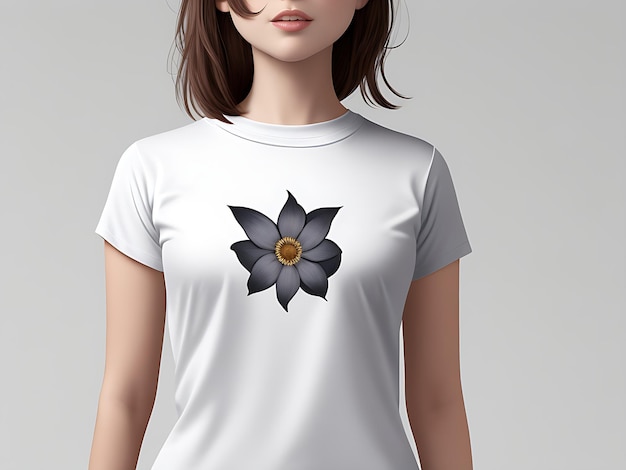 Witte vrouwelijke T-shirt mockup front view met rode bloemen accent op grijze achtergrond