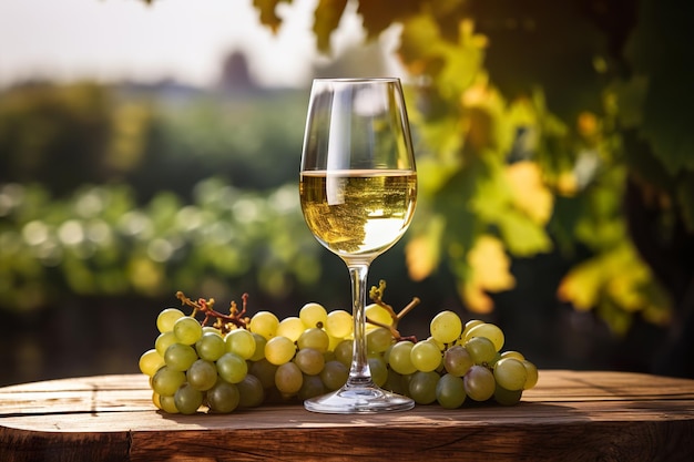 witte wijn met druiven op oude houten tafel onduidelijke wijngaard achtergrond