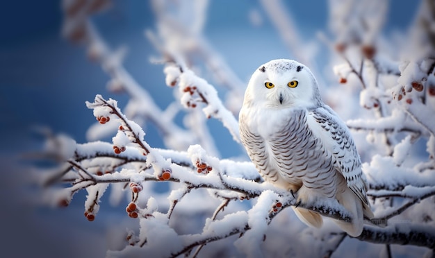 Witte winteruil zat op een boomtak in een wintersneeuwlandschap met prachtige dieren in het wild