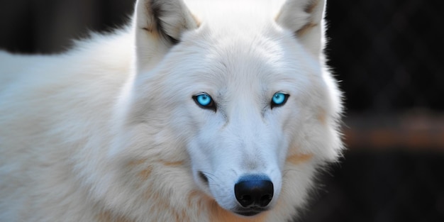 Witte wolf met blauwe ogen en een zwarte achtergrond