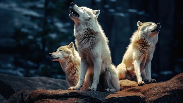 witte wolven huilen's nachts op een rots in de bos achtergrond