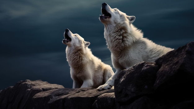 witte wolven huilen's nachts op een rots in de bos achtergrond