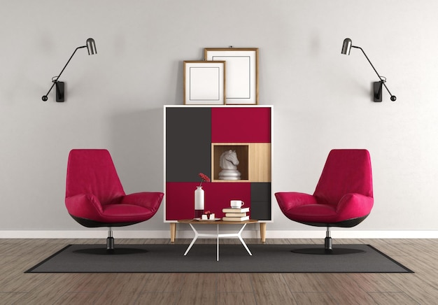 Witte woonkamer met dressoir rode fauteuils en salontafel 3D-rendering