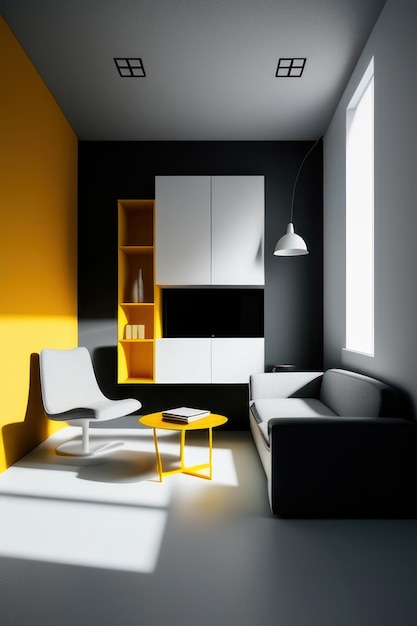 witte woonkamer met luxe gele stoel en bankaccenten