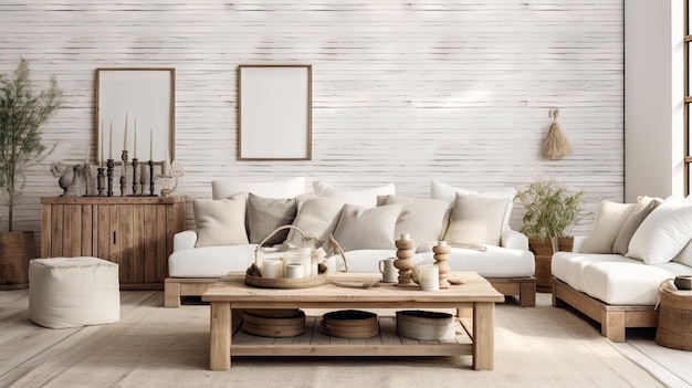 Witte woonkamer van een boerderij met houten meubels en muurimitatie