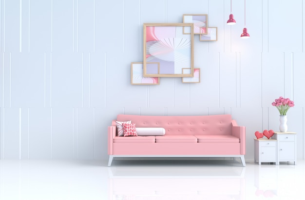 Witte woonkamer van liefde op Valentijnsdag en Nieuwjaar. 3D render.