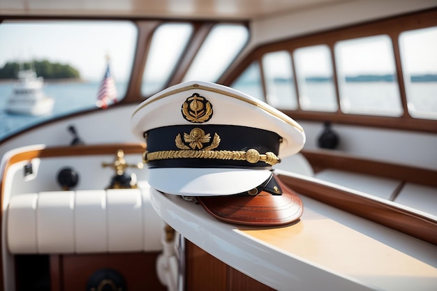 Foto witte zee kapitein's pet op het dashboard van de boot de boten zijn geparkeerd