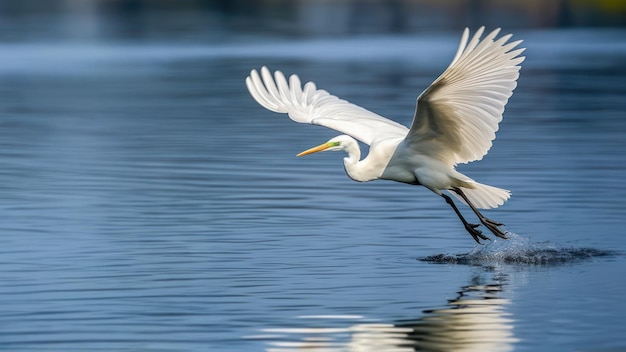 witte zilverreiger tijdens de vlucht over water in de natuur