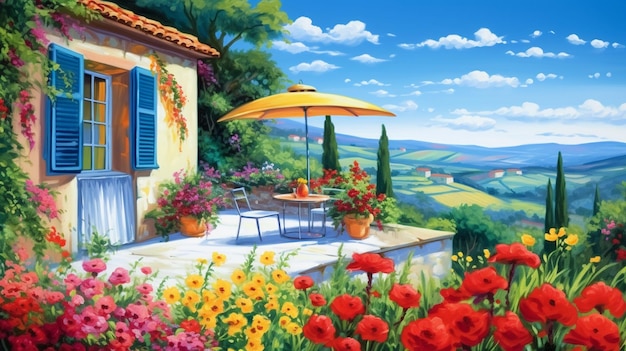 Witte zomer terras van het huis in Toscane miljoenen bloemen heldere blauwe lucht