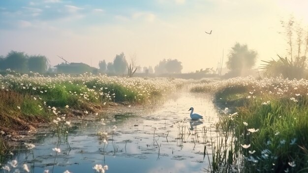 Witte zwanen vliegen over het water Afbeelding gemaakt met waterverf