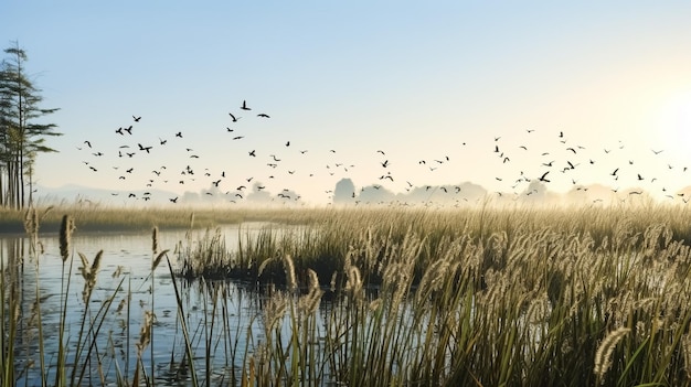 Witte zwanen vliegen over het water Afbeelding gemaakt met waterverf