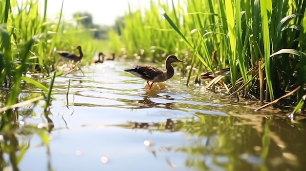 Witte zwanen vliegen over het water Afbeelding gemaakt met waterverf