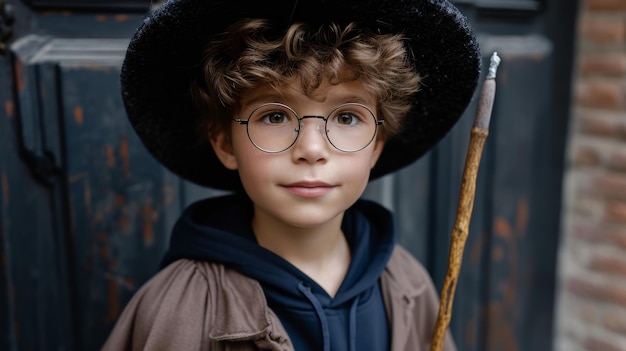 Foto ragazzo mago con occhiali con bacchetta magica e cappello magico