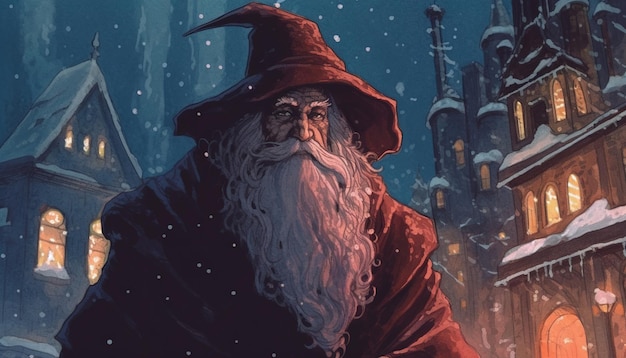 A wizard in a hat with buildings and snow in the background