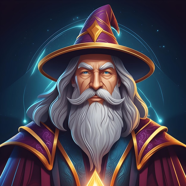 Wizard in a hat with a long white beard and gray hair