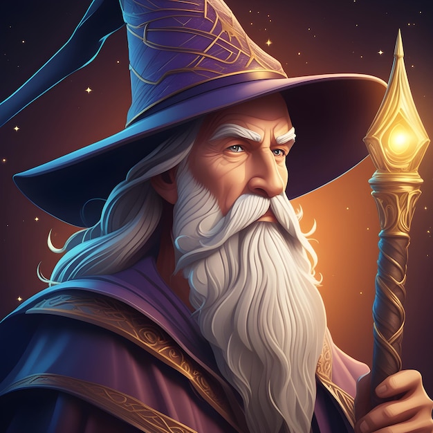 Wizard in a hat with a magic wand Fantasy illustration