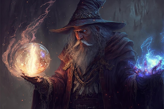 A wizard holding two glowing orbs in his hands.