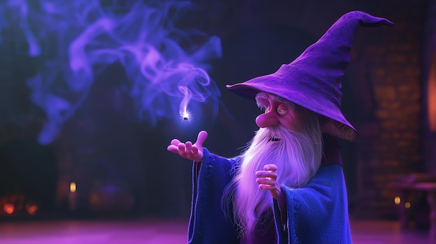 Photo a wizard is casting a spell he is wearing a purple robe and a tall pointed hat he has a long white beard and a wrinkled face