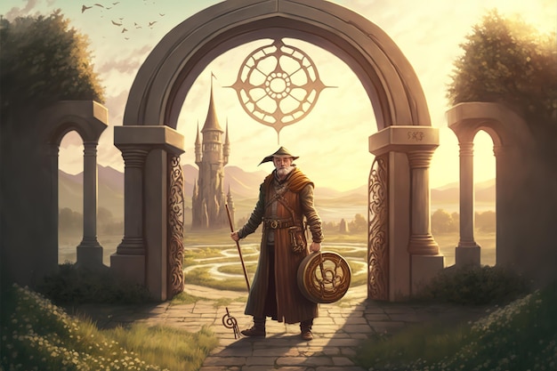 The wizard is standing near the circle gate