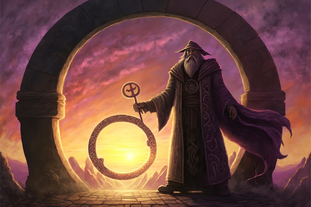 The wizard is standing near the circle gate