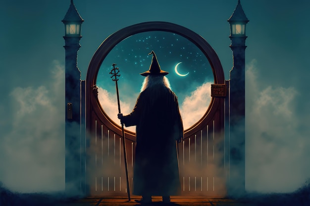 The wizard is standing near the circle gate