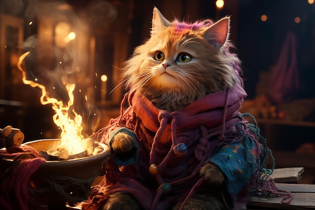 A wizard kitten cat illustration while casting a spell