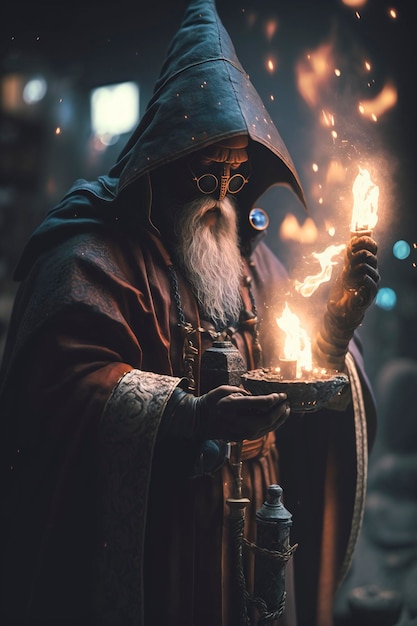 a wizard or mage character with a spooky and scary style, creative ai