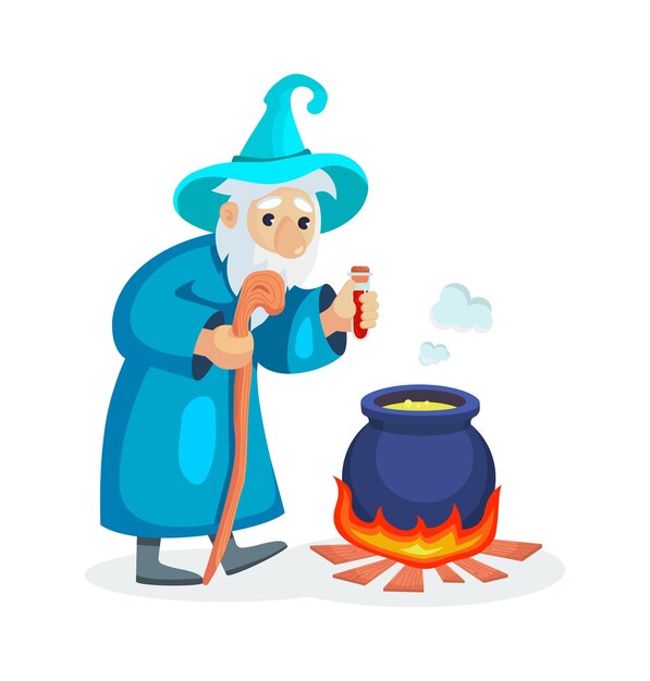 Foto mago personaggio maschio mago un stregone in un mantello e cappello warlock aggiunge pozione magica in un calderone concetto di magia e stregoneria mago maschio cartone animato illustrazione vettoriale isolato.