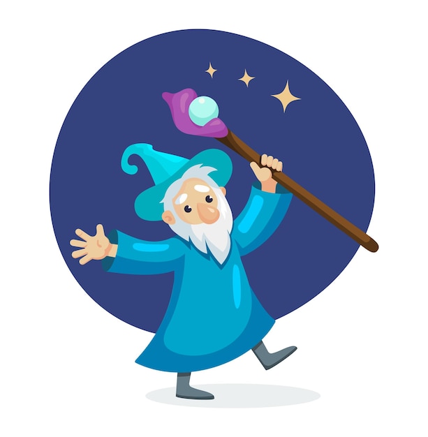 Wizard male character mage a sorcerer in a mantle and hat Warlock waving a magic cane held in his hands Concept of magic and witchcraft Mystery vector illustration isolated