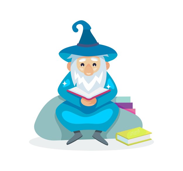 Foto mago personaggio maschio mago un stregone in un mantello e cappello warlock con un libro nelle sue mani concetto di magia e stregoneria mago maschio cartone animato illustrazione vettoriale isolato.