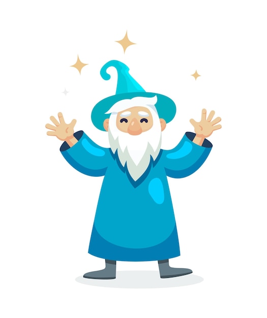 Wizard male character mage a sorcerer in a mantle and hat Warlock with hands up Concept of magic and witchcraft Wizard male cartoon vector illustration isolated