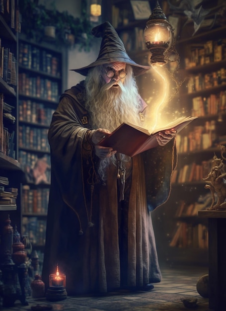 A wizard reading a book in a library.