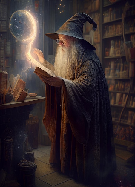 A wizard reading a book with a magic wand