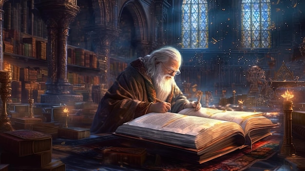 A wizard studying ancient tomes in a grand library Fantasy concept Illustration painting