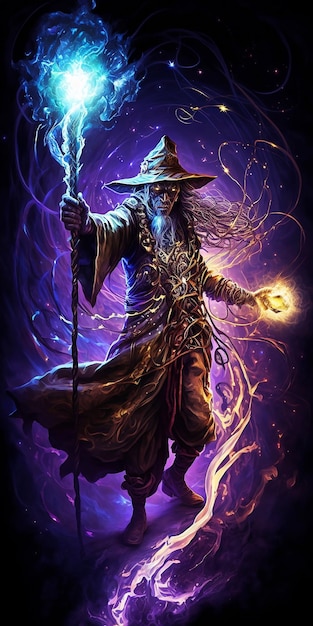 Photo a wizard summoning magic spell with his staff