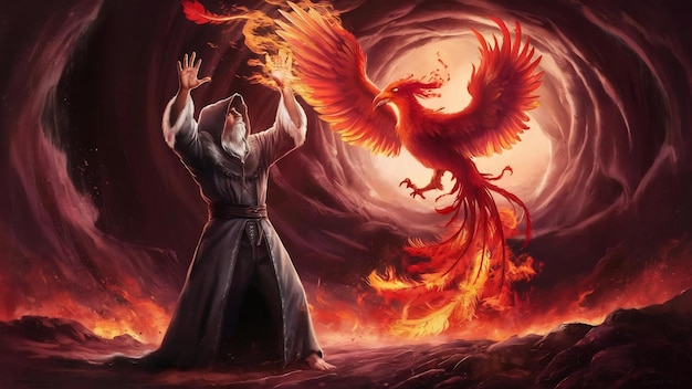 Фото Волшебник, призывающий феникса из ада. иллюстрация в стиле цифрового искусства.