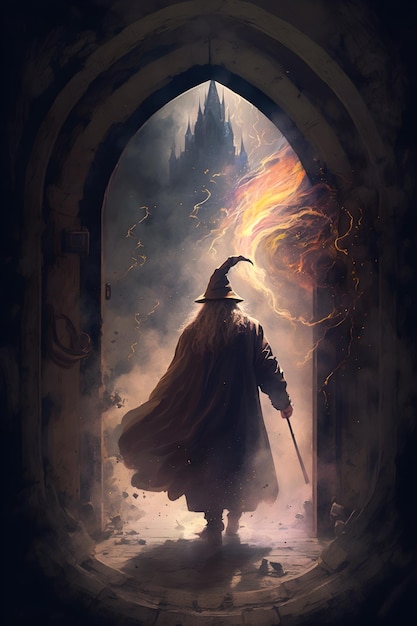 A wizard walks through a dark doorway with a castle in the background