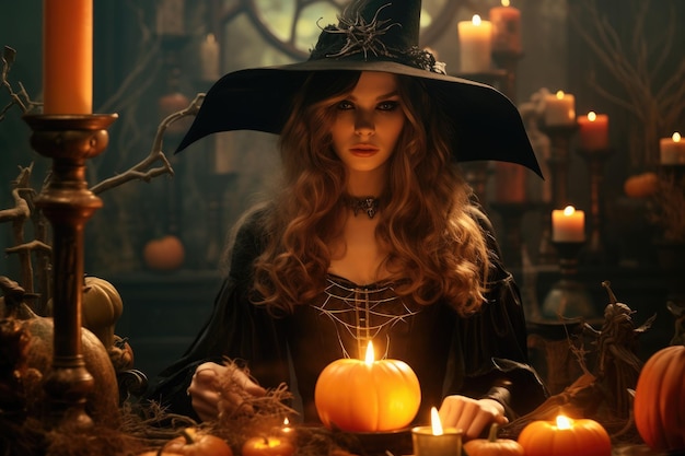 Wizard in witch hat among pumpkins and lights