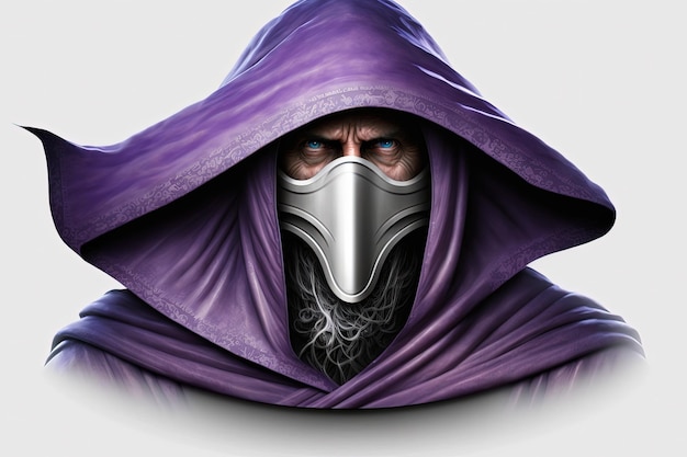 Photo wizard with hood and purple cape white background generative ai