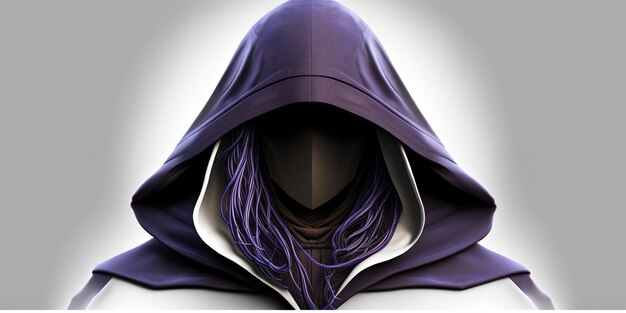 Wizard with hood and purple cape white background Generative AI