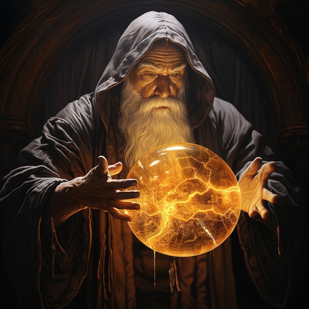 a wizard with a magic ball in his hands.