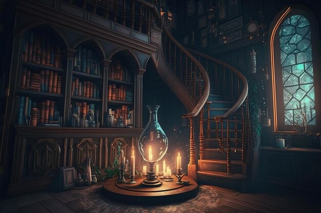 Wizard39s alchemical laboratory with magic books and potions with mystical glow at nightGenerative AI