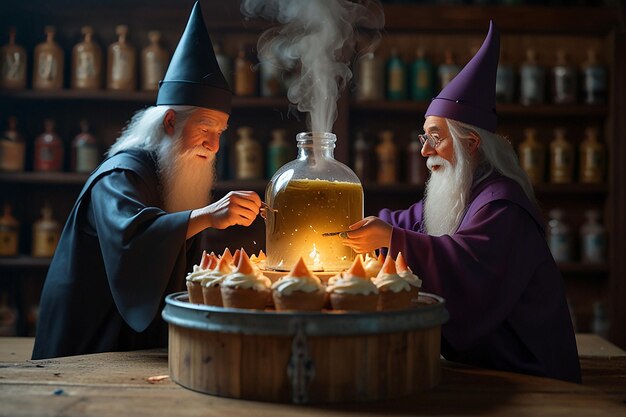 Foto magia culinaria dei cartoni animati di wizardly potion cake