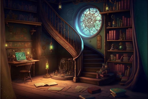 Wizards schoolkamer magische boeken zwevend Generative Ai