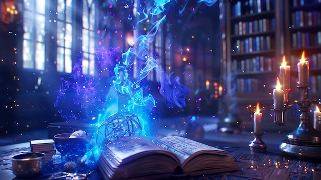 마법사의 주문책이 나무 테이블 위에 열리고, 그 책에는 신비한 기호와 그림이 가득 차 있다.