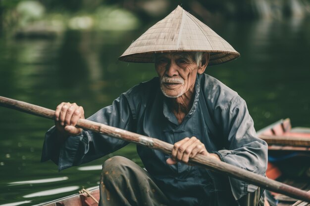 Photo wizened man with a conical hat rowing a boat