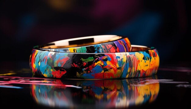 wo bands featuring unique and intricate designs placed on a bed of colorful paint splatters and paintbrushes reflecting your artistic personalities